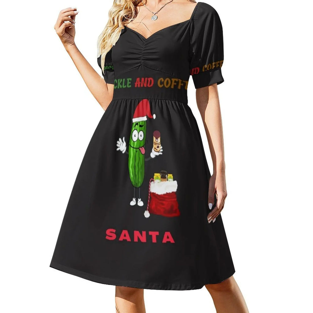 Pickle And Coffee Santa Preppy Style Mini Dress For Women A-Line Loose Fit Casual Day Dress Marvacousins246 Pickle Andhave A