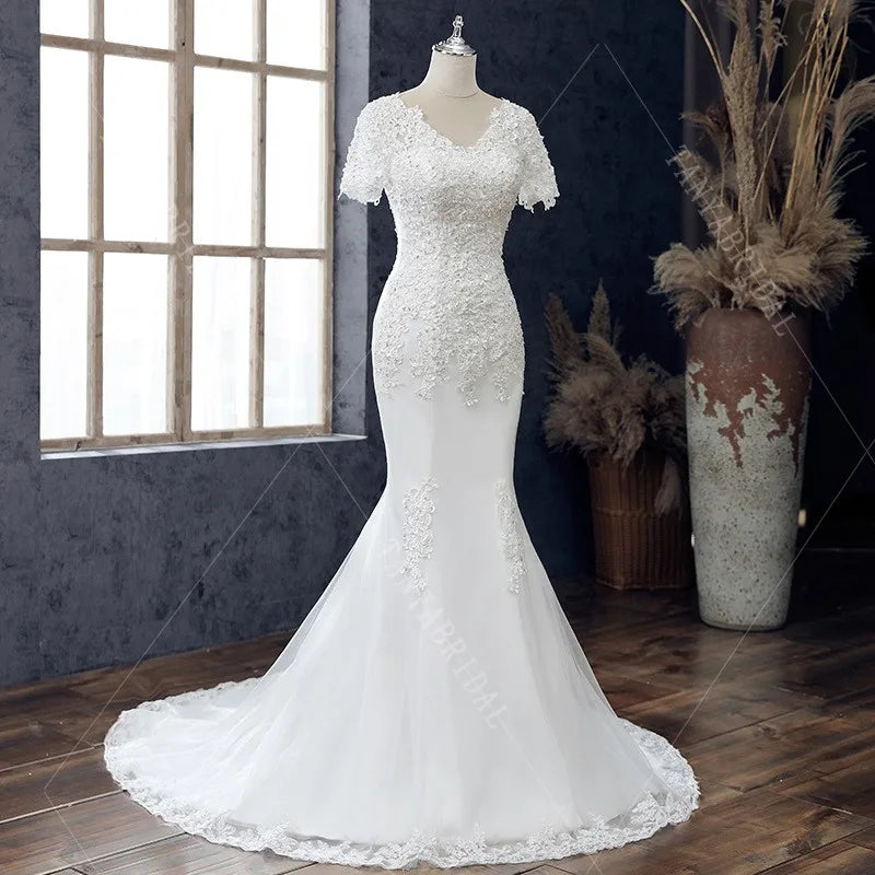 Classic Lace Appliques Mermaid Wedding Dress For Women V Neck Short Sleeves Elegant Lace Up Back Bridal Gowns TSWD655