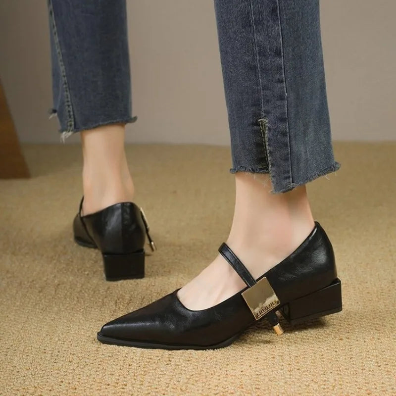 2025 Retro Style Thick Heel Women Shoes Fashion Pointed Toe Ladies Shoes Comfort Footwear Women Elegant Single Shoes