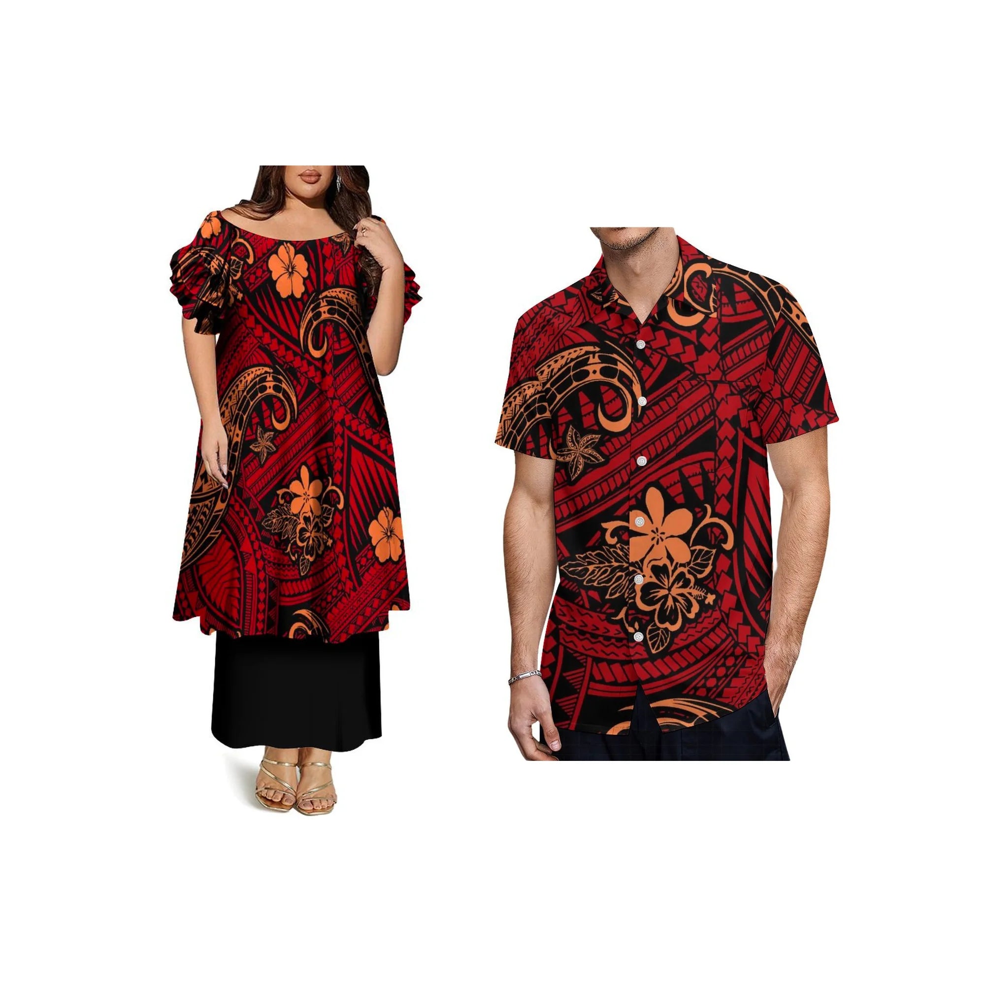Custom Frill Short Sleeve Womens Dress Polynesian Samoan Puletasi Dress 2 Piece Pacific Island Design Off the Shoulder Dress