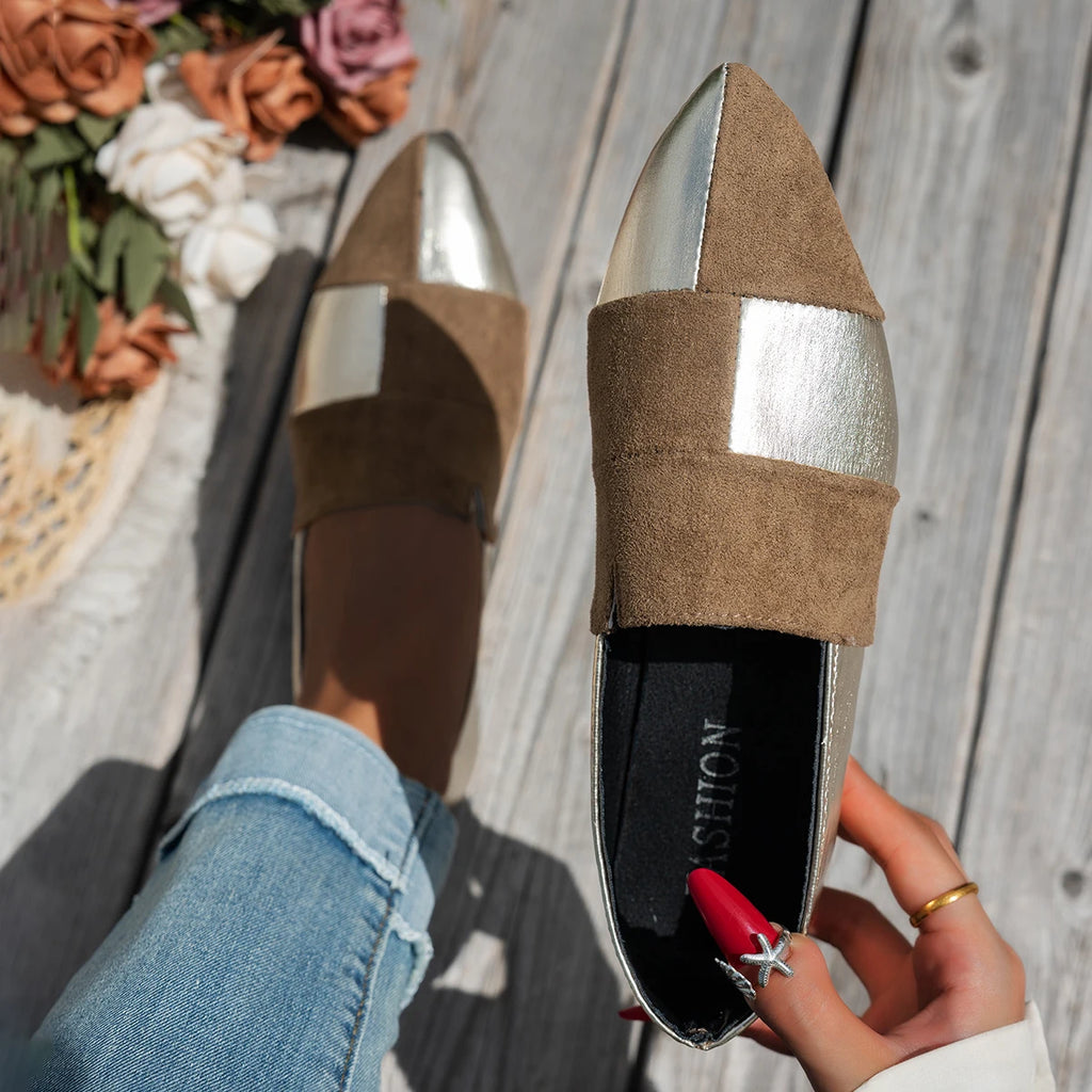 Women's Color-Blocked Pointed-Toe Loafers: Slip-On Lazy Casual Shoes, Stylish Commuting Work Shoes