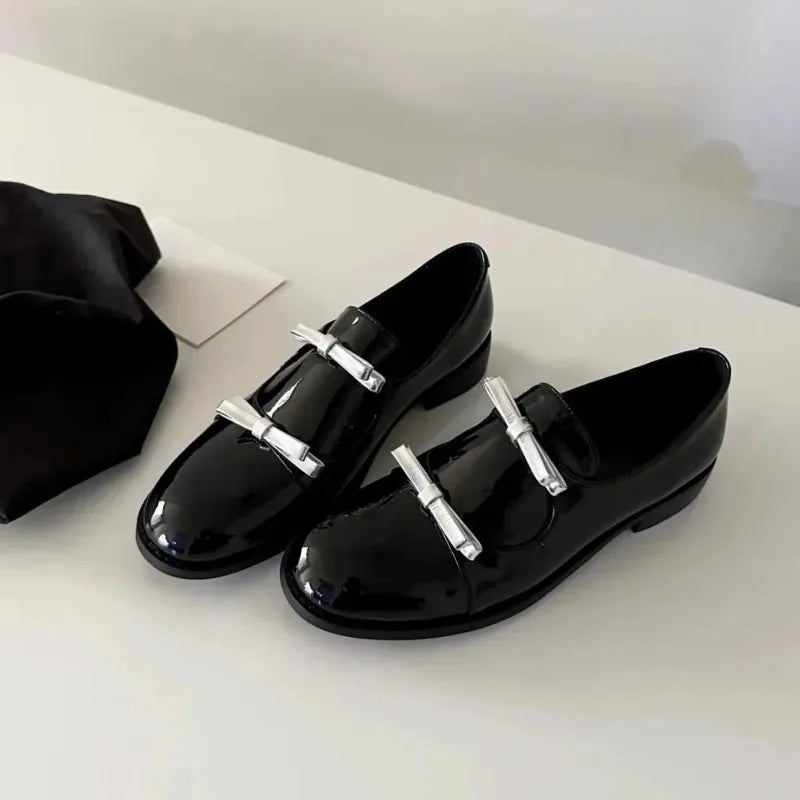 Retro British Style Mary Jane Women's Round Toe Chunky Heel Single Shoes with Bow Tie Comfortable Leather Loafers for Autumn Win