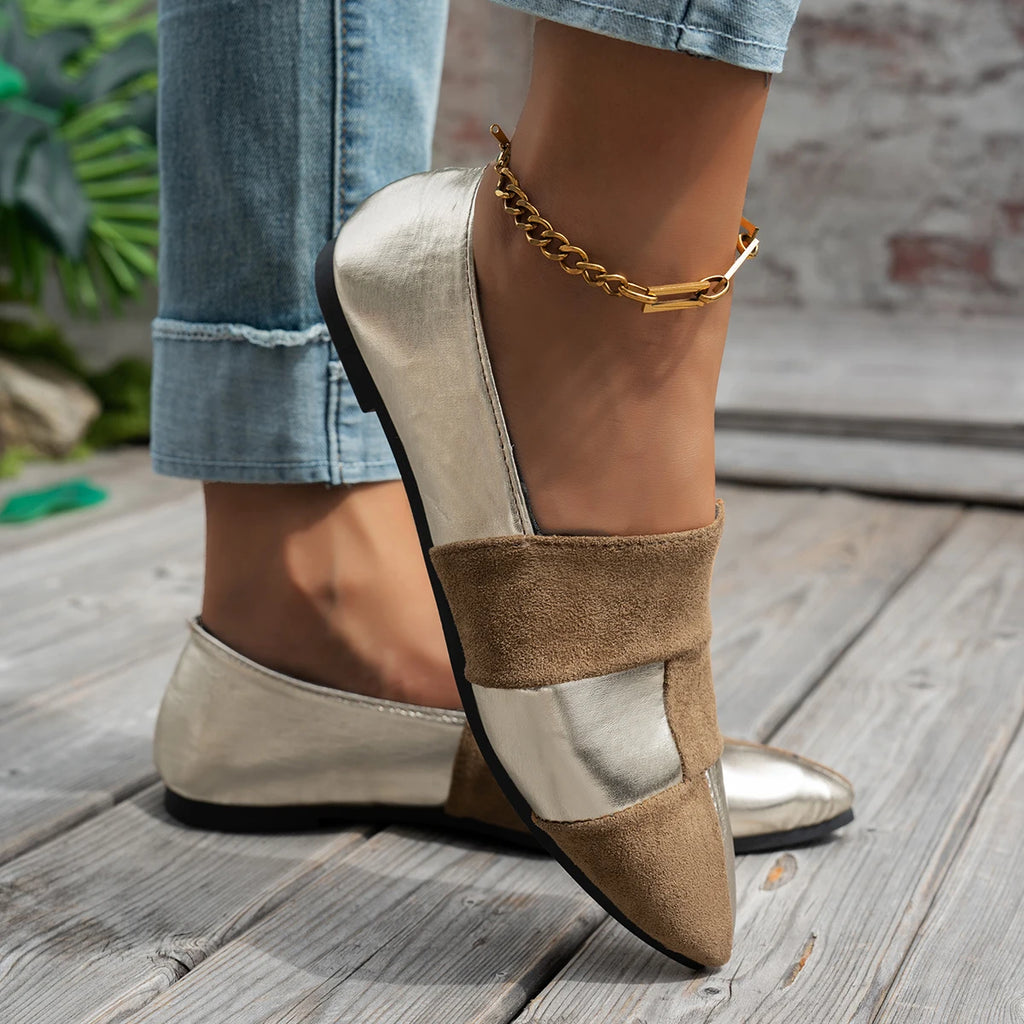 Women's Color-Blocked Pointed-Toe Loafers: Slip-On Lazy Casual Shoes, Stylish Commuting Work Shoes