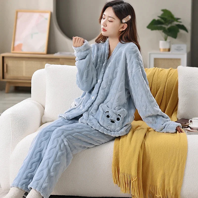 Thickened Warm Coral Velvet Pyjamas Women's Autumn and Winter Cartoon Bear Print Striped Flannel Student Sleepwear Homewear