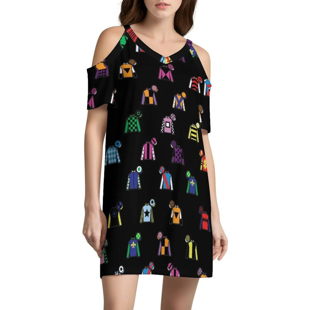 Horse Racing Jockey Silk Print Black Boho Chic Dress Elegant Fashion Beach Wedding Party Gown Horse Racing Derby Horse Racing