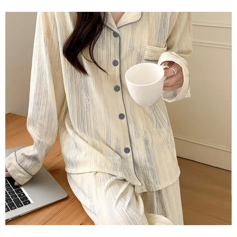Striped Minimalist Pajamas Women Plus Size Long Sleeve Trousers Ladies Nightwear Pregnant Women's Clothing Set Fashion Sleepwear