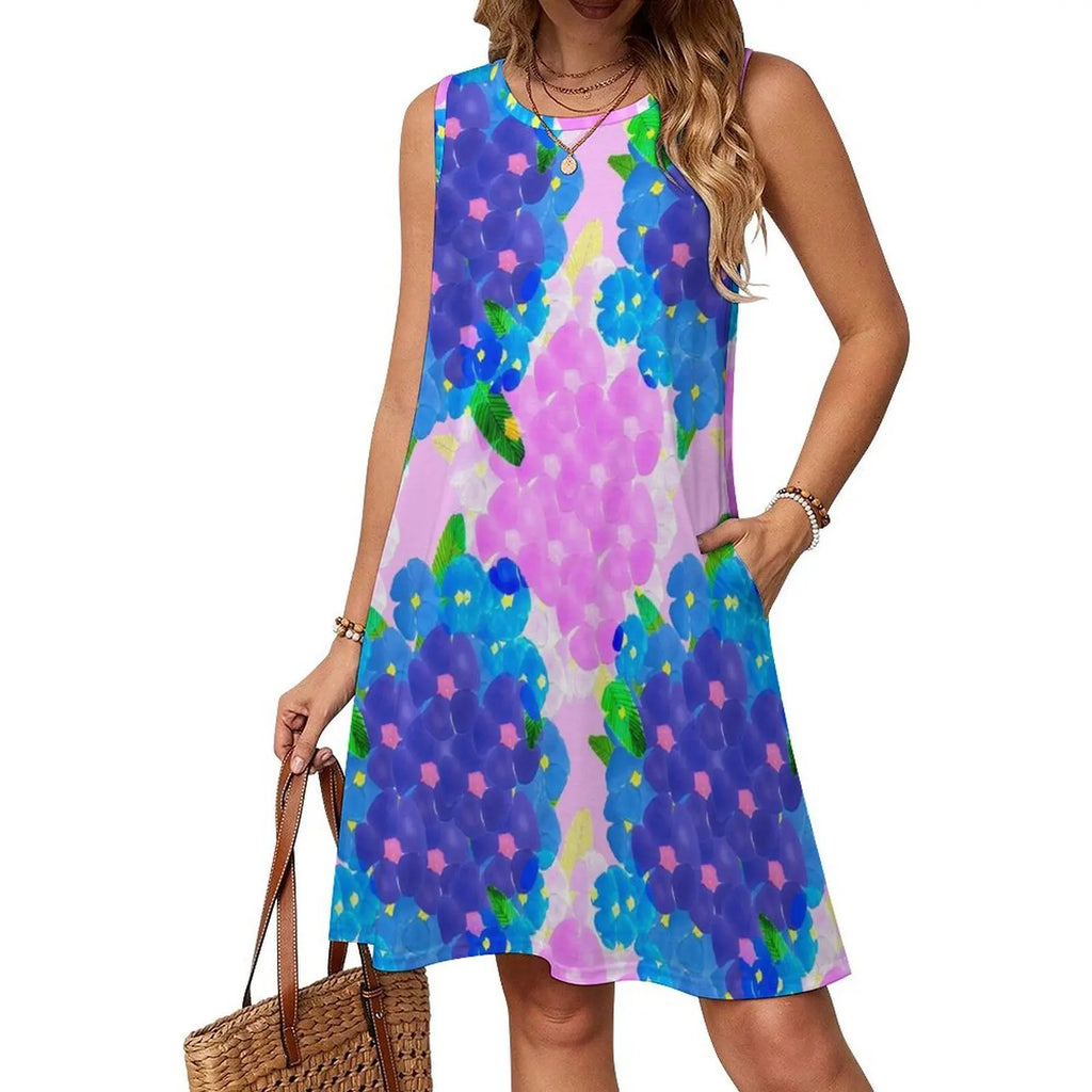 Blue And Pink Bunch Of Poppies Women's Hip Hop Streetwear Dress Graphic Print Party Club Wear Floral Design Pink Poppies Blue