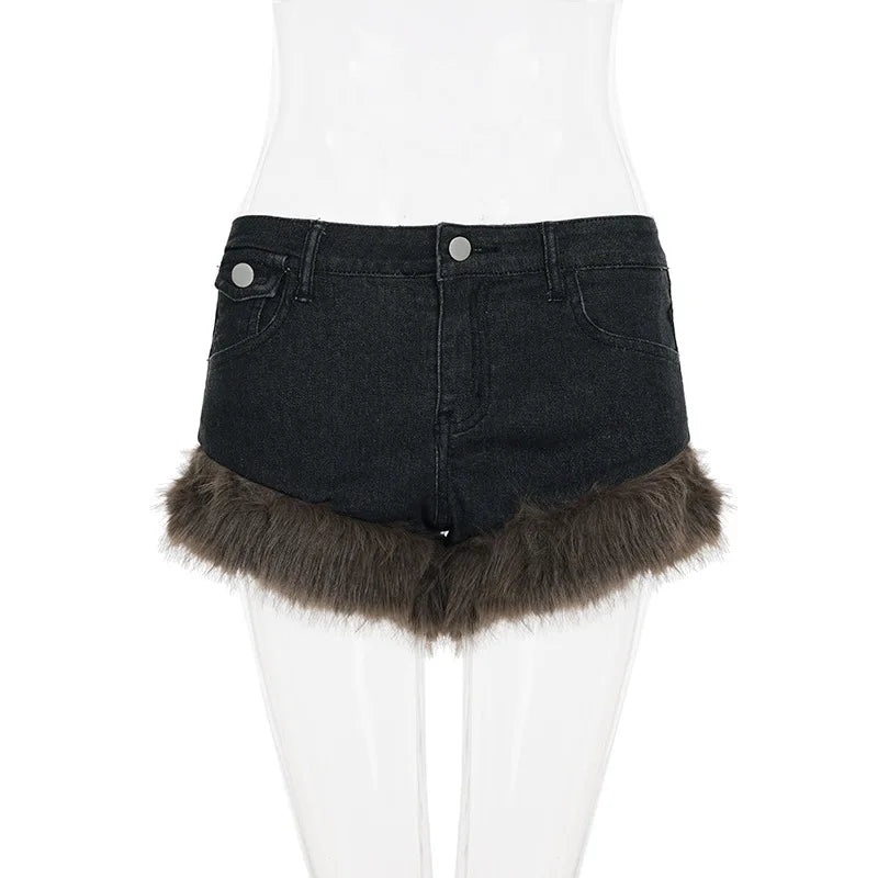 2025 Winter New Retro Fluffy Splicing Denim Shorts Spice Girl Warm Fashion Low Waist Hip Hot Pants Women