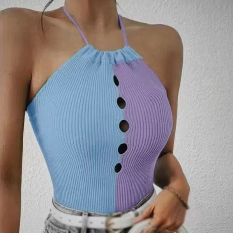 Women Summer Vest Top Sexy Halter Hollow Out Slim Fit Crop Top Knitted Camisole Top Lady Contrast Color Sleeveless Tank Tops