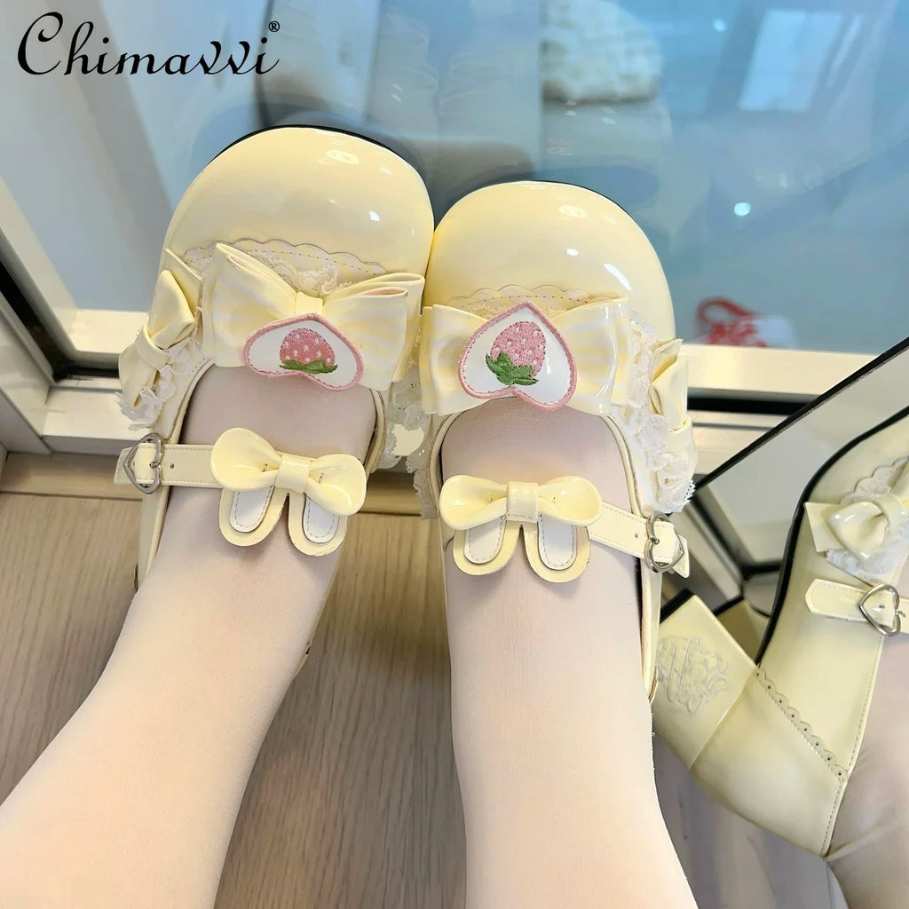 Original Sweet Strawberry Bow Cute Girl Lolita Shoes 2025 New Kawaii Princess Mary Jane Shoes Temperament Women's High Heels