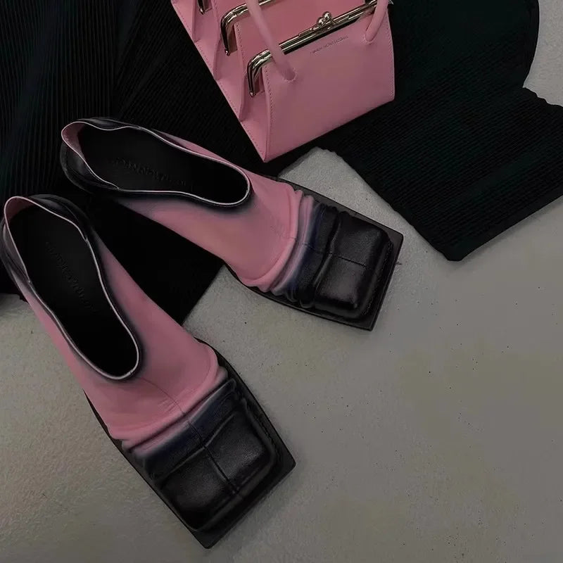 Retro Color Matching Square Toe Chunky Heel Leather Shoes Woman 2025 Slip On Pleated High Heel Muller Shoes for Women Pink Brown