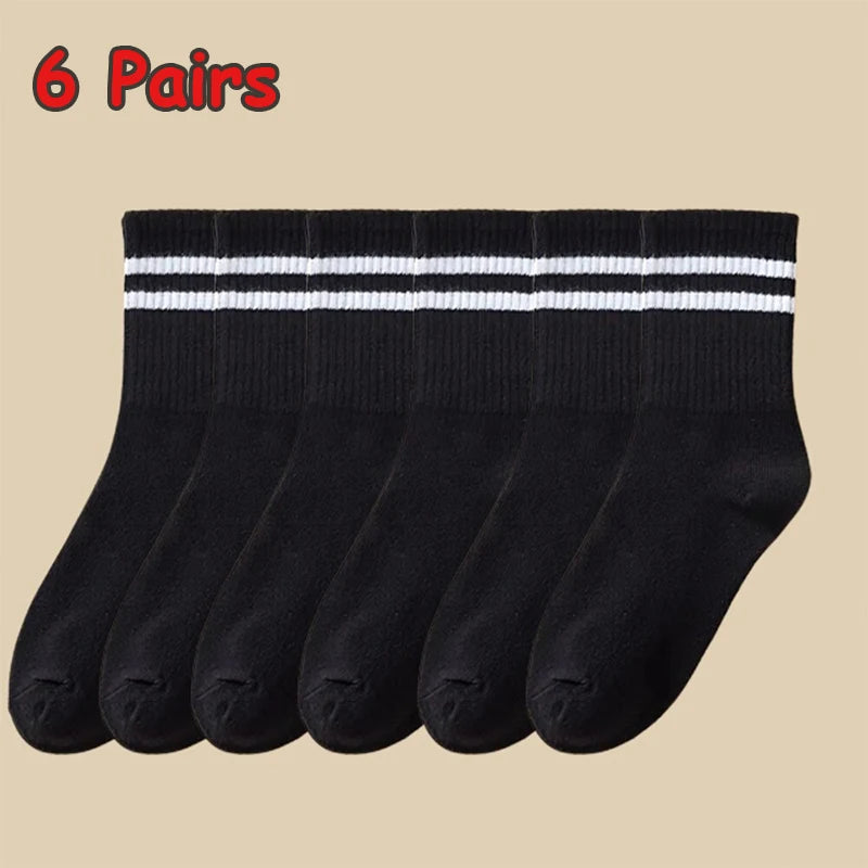 3/6 Pairs Women Sports Solid Socks Soft Comfortable Ventilate Versatile Mid Calf Socks Casual Stripe Splice Female Street Socks