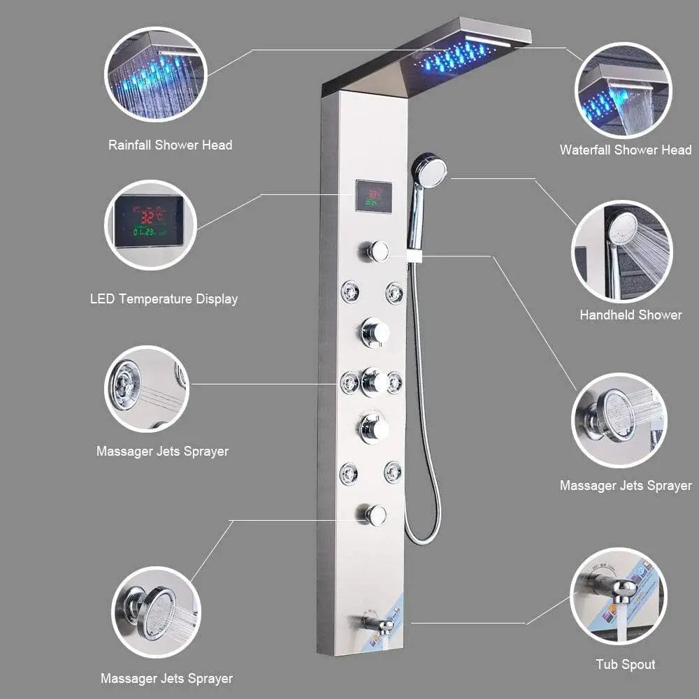 6-in-1 Brushed Nickel Shower Panel with LED, Adjustable Jets, Waterfall, Handheld, and Tub Spout