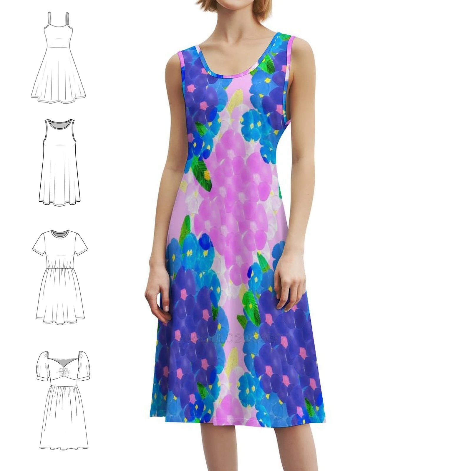 Blue And Pink Bunch Of Poppies Women's Hip Hop Streetwear Dress Graphic Print Party Club Wear Floral Design Pink Poppies Blue