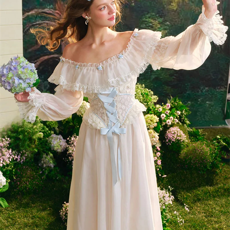 TIYIHAILEY Autumn Women Dress Full Lantern Sleeve Long Maxi Ladies XS-XL Vintage High Waist Lace Slash Neck White Lace Up 2025