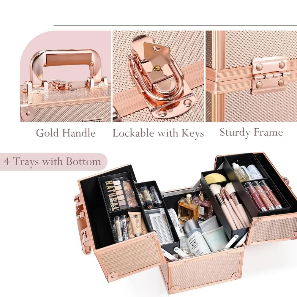 Portable Lockable Makeup Train Case with Dividers, Rose Gold Cosmetic Organizer for Travel & Storage