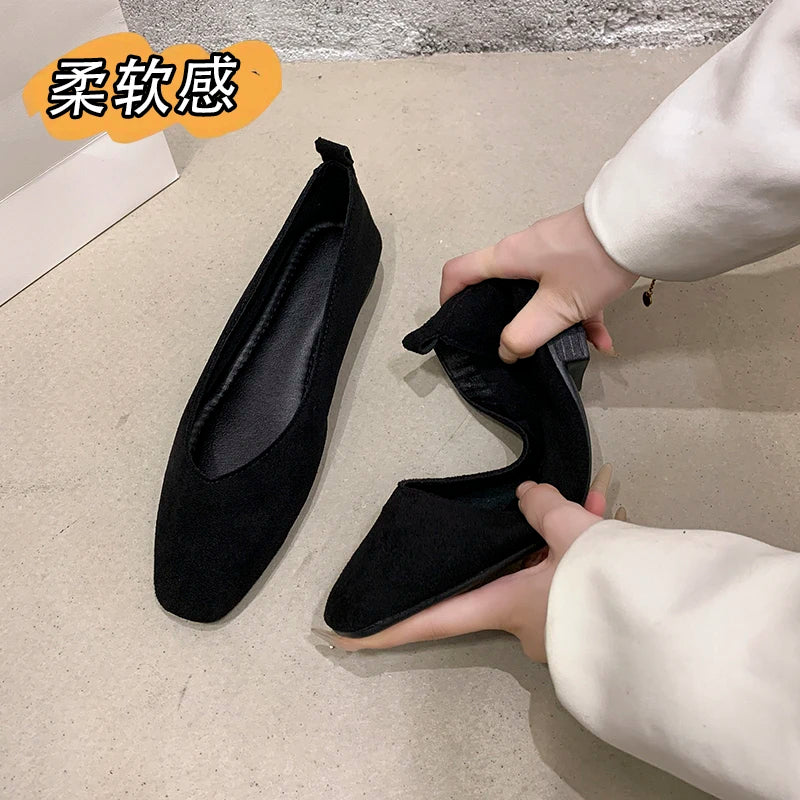 2025Low Heel Shoes Autumn New Square Toe Shallow Suede Slip-on Soft Sole Non-slip Wear-resistant Single Shoes