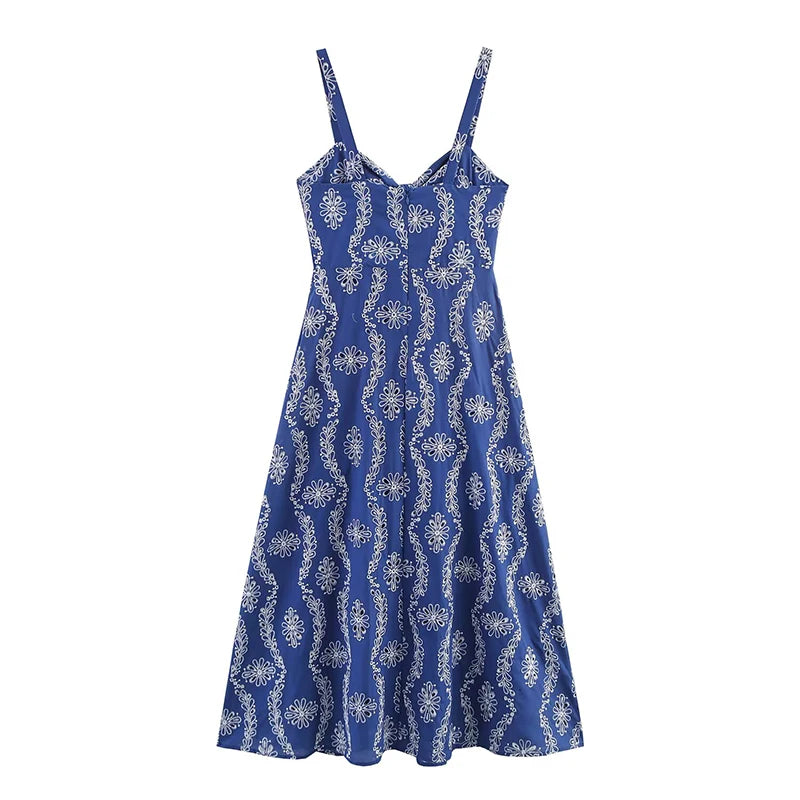 YENKYE Rubberized Openwork Embroidery Midi Dress Women Sexy V Neck With Knot A-line Summer Dresses 2025 Female Vestidos