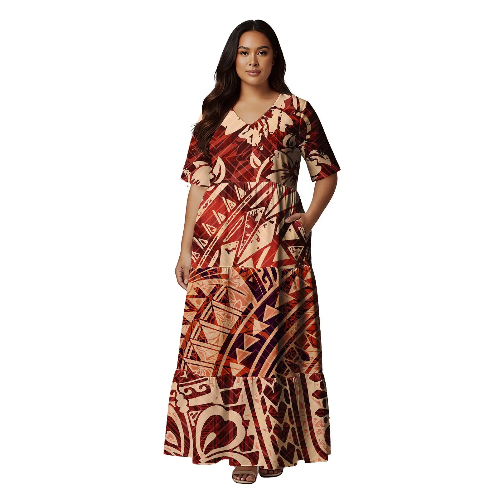 Short Sleeve Hawaii Tropical Floral Pattern Tiered Cake Dress Maxi Polynesian Clothing Tribal Is land Fiji Tonga Church Dress