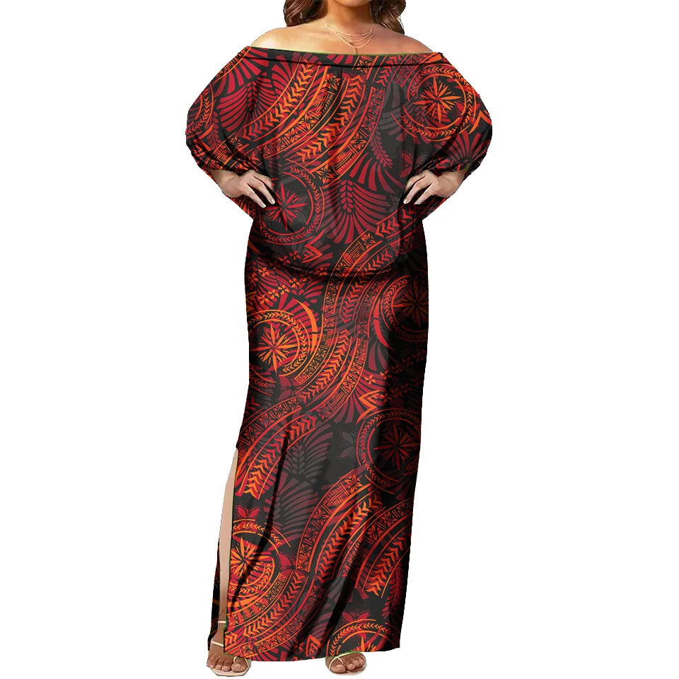 Tapa Tribal Design Sexy off Shoulder Sleeveless Dress Tropical Floral Print Polynesian Fashion Maxi Dress Tight
