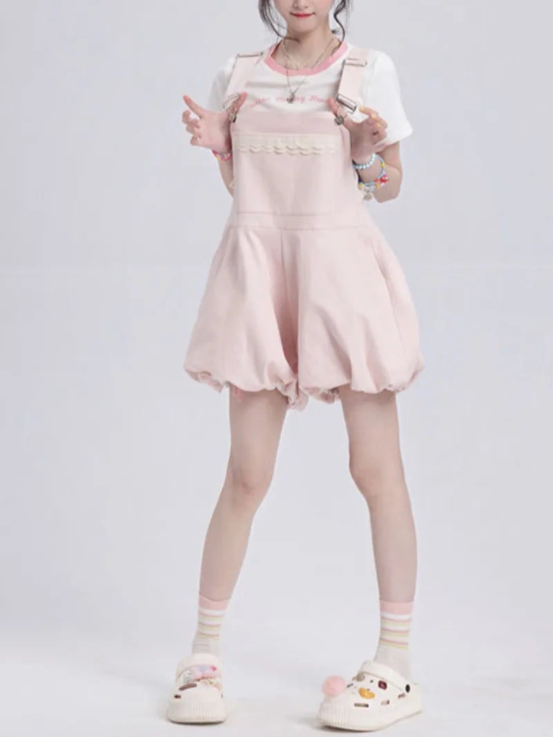 Kawaii Dopamine Japanese Girl Short Suspender Pants Students 2025 New Wear Loose Cute Bud Light Blue Strap Shorts Female