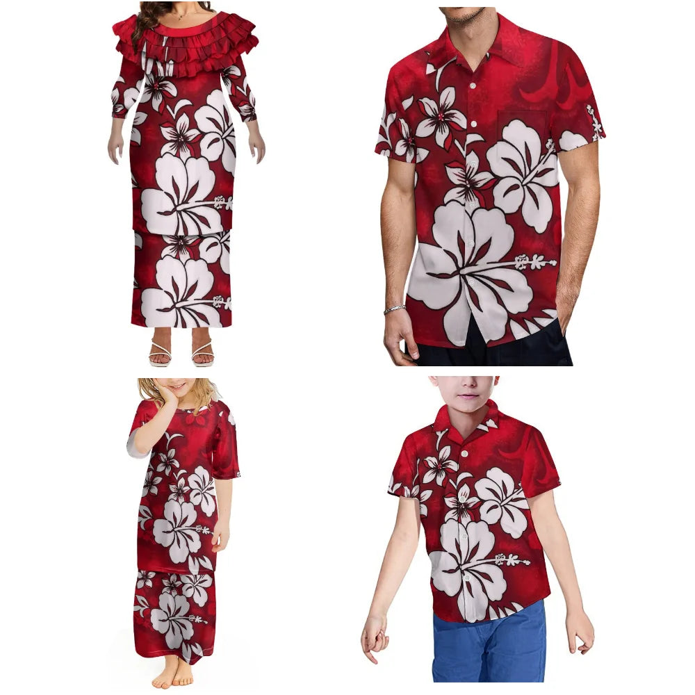 Casual Family Wear Elegant Lotus Leaf Lace Mid-Sleeved Fitted Puletasi Suit Dress Women'S Dress Polynesian Custom Men'S Shirt