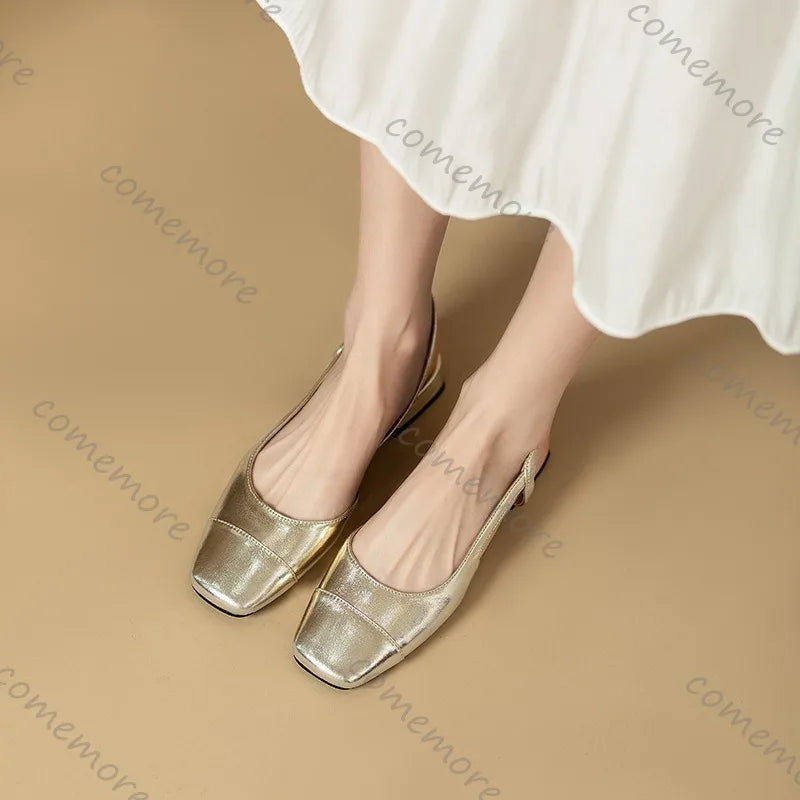 Summer French Comfortable Square Toe Shallow Mouth Pumps Back Strap Low Heel Single Shoes Sandals for Women Zapatos De Mujer