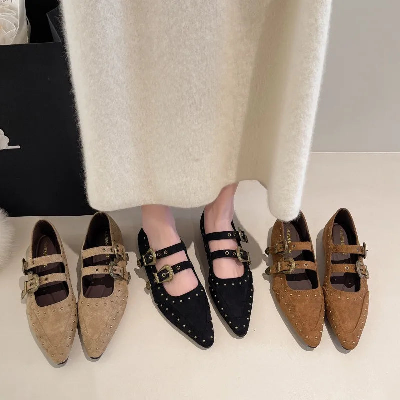 2025 NEW Vintage Design Pointed End Women Flats Shoes Fashion Double Row Belt Buckle Shoes Ladies Outdoor Shoes