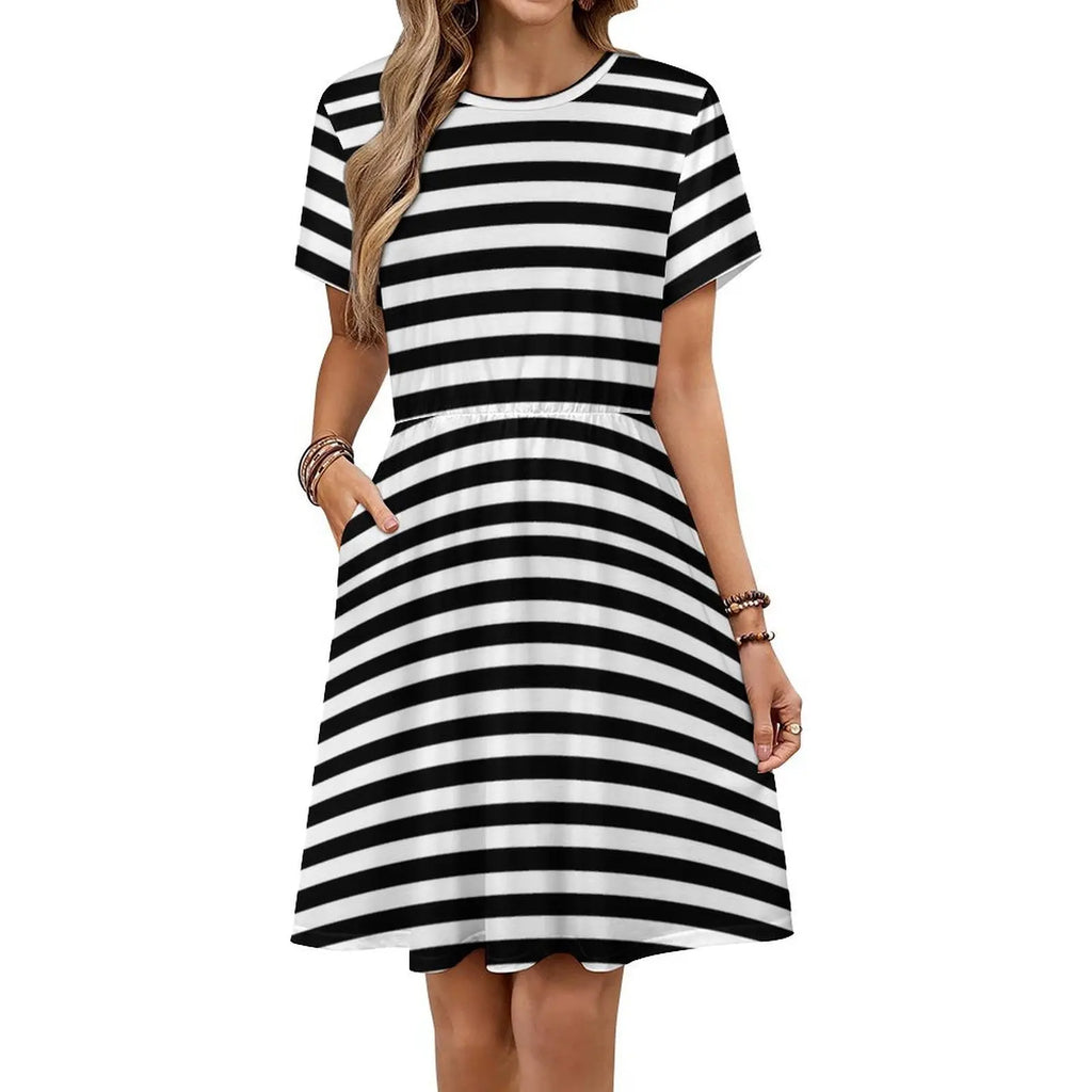 Black & White Stripes Sweetheart Neckline Dress Elegant Summer Party Dress For Women Black White Pattern Dress For Girls