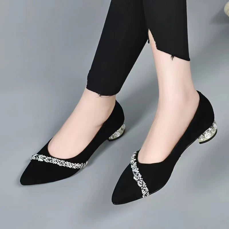 New Womens Shoes Summer Diamond Shoe Shallow Mouth Female High Heels Fashion Thick Heel Female Loafers Pointed Tip Tacones Para