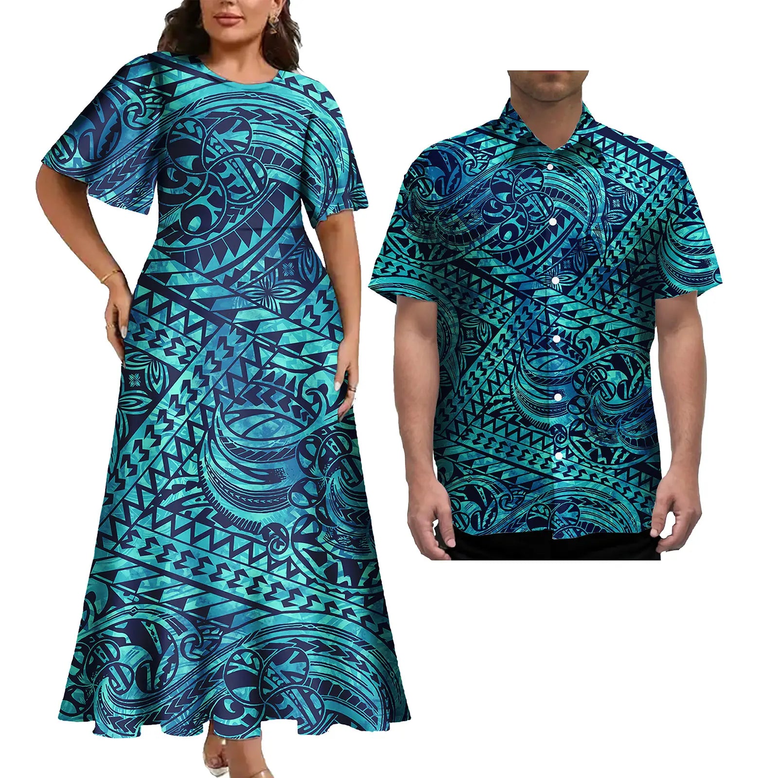 Latest Plus Size Couple Clothing Polynesian Tropical Print Women's Casual Dress Island Style With Matching Men's Hawaiian Shirt