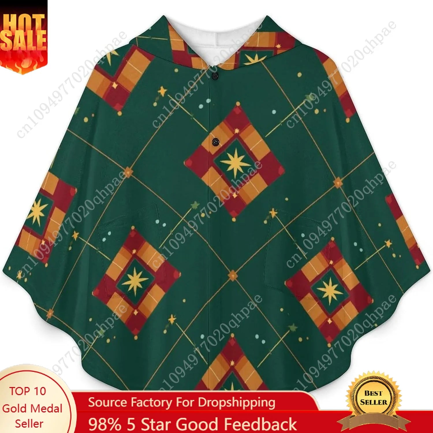 Cozy Flannel Blanket Sweater,Geometric Pattern Green Oversized Hoodie With Pockets For Kids And Teenagers