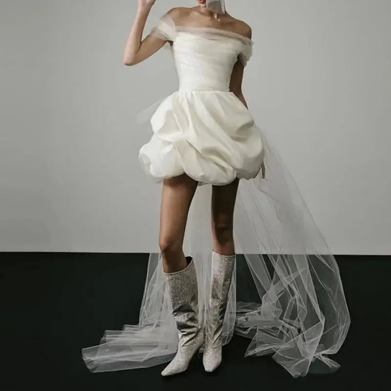 New Elegant Lightweight Wedding Dresses for Women White Sexy Bridal Mini Dress with Mesh Trailing Bridal Luxury Party Vestidos