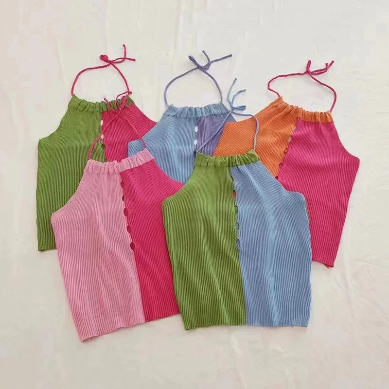Women Summer Vest Top Sexy Halter Hollow Out Slim Fit Crop Top Knitted Camisole Top Lady Contrast Color Sleeveless Tank Tops