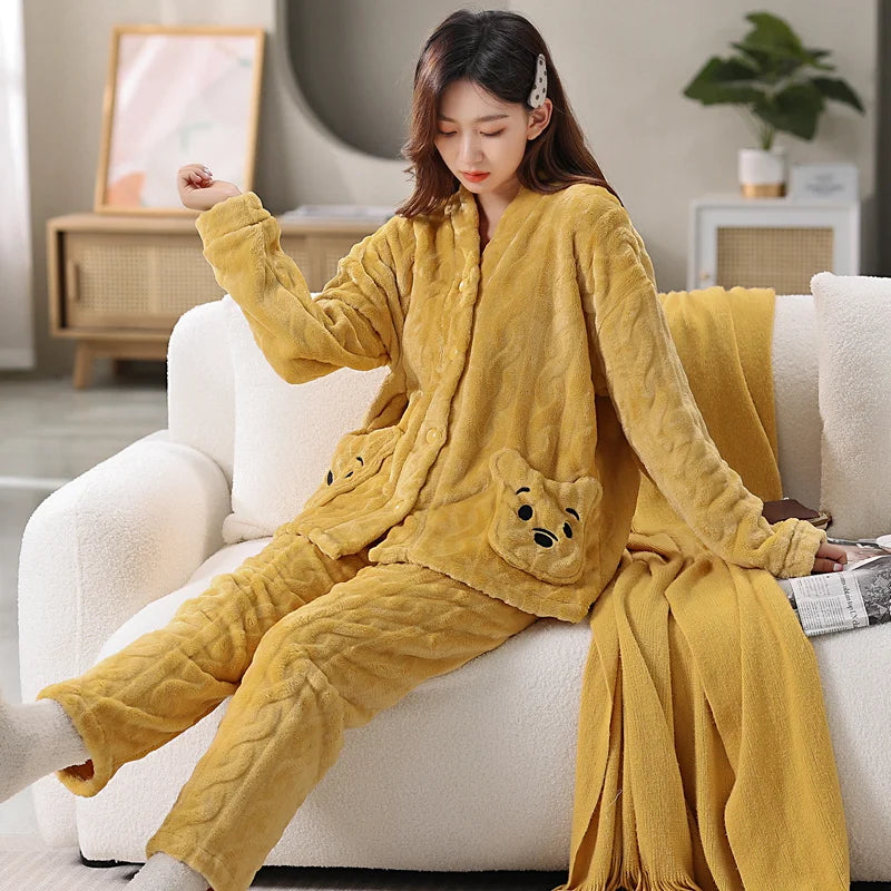 Thickened Warm Coral Velvet Pyjamas Women's Autumn and Winter Cartoon Bear Print Striped Flannel Student Sleepwear Homewear