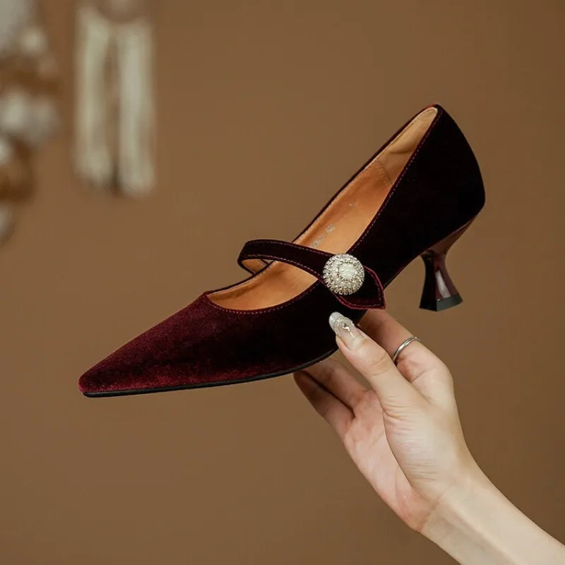 Wine Red Pointed Toe Mary Jane Shoes Women's Vintage One Buckle Stiletto Pointed Toe Single Shoes Velvet Pumps