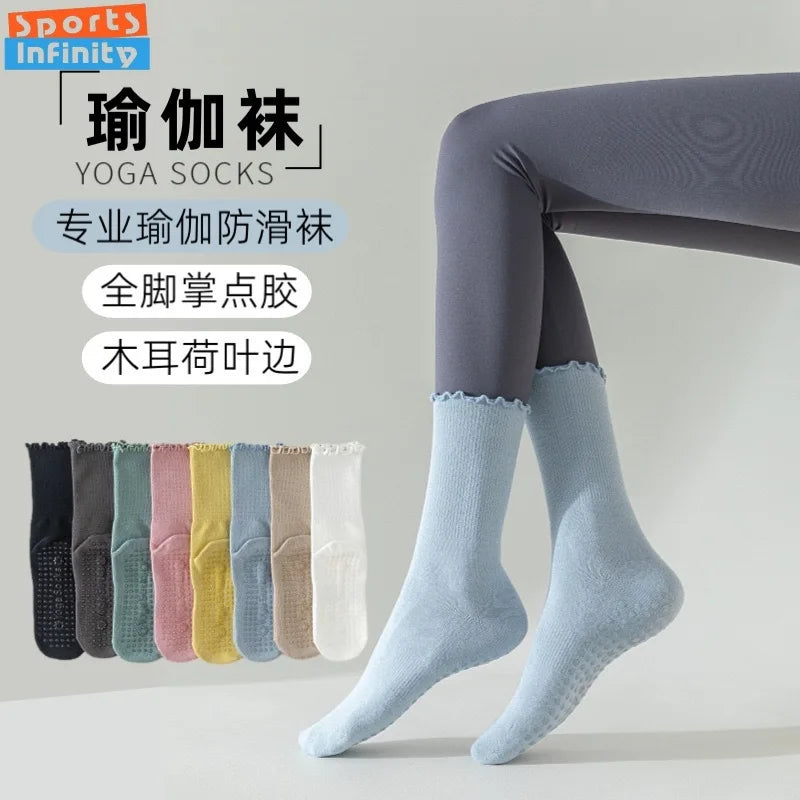 Spring and summer rolled edge mid tube yoga socks women anti slip dance fitness sports socks odor proof cotton Pilates socks