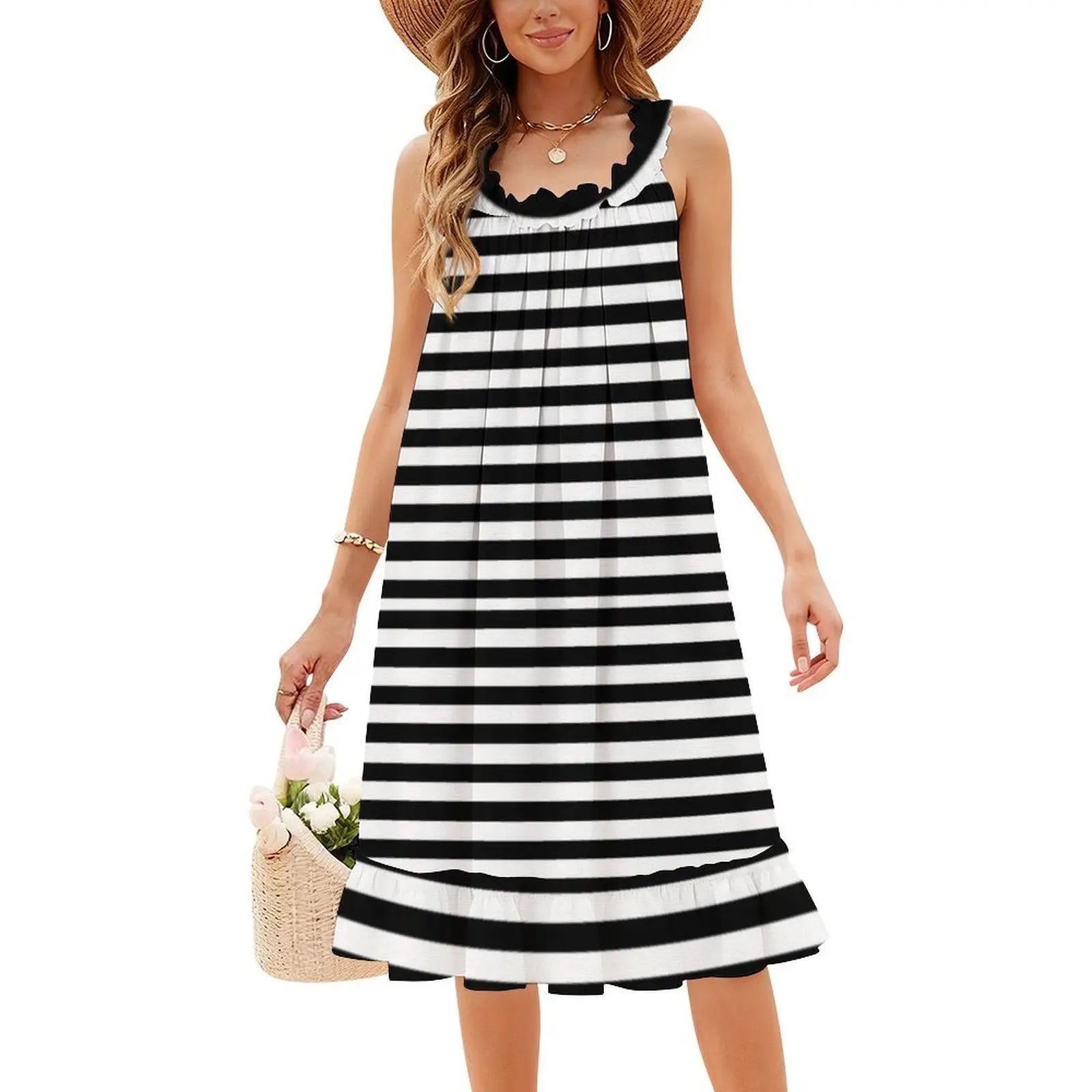 Black & White Stripes Sweetheart Neckline Dress Elegant Summer Party Dress For Women Black White Pattern Dress For Girls