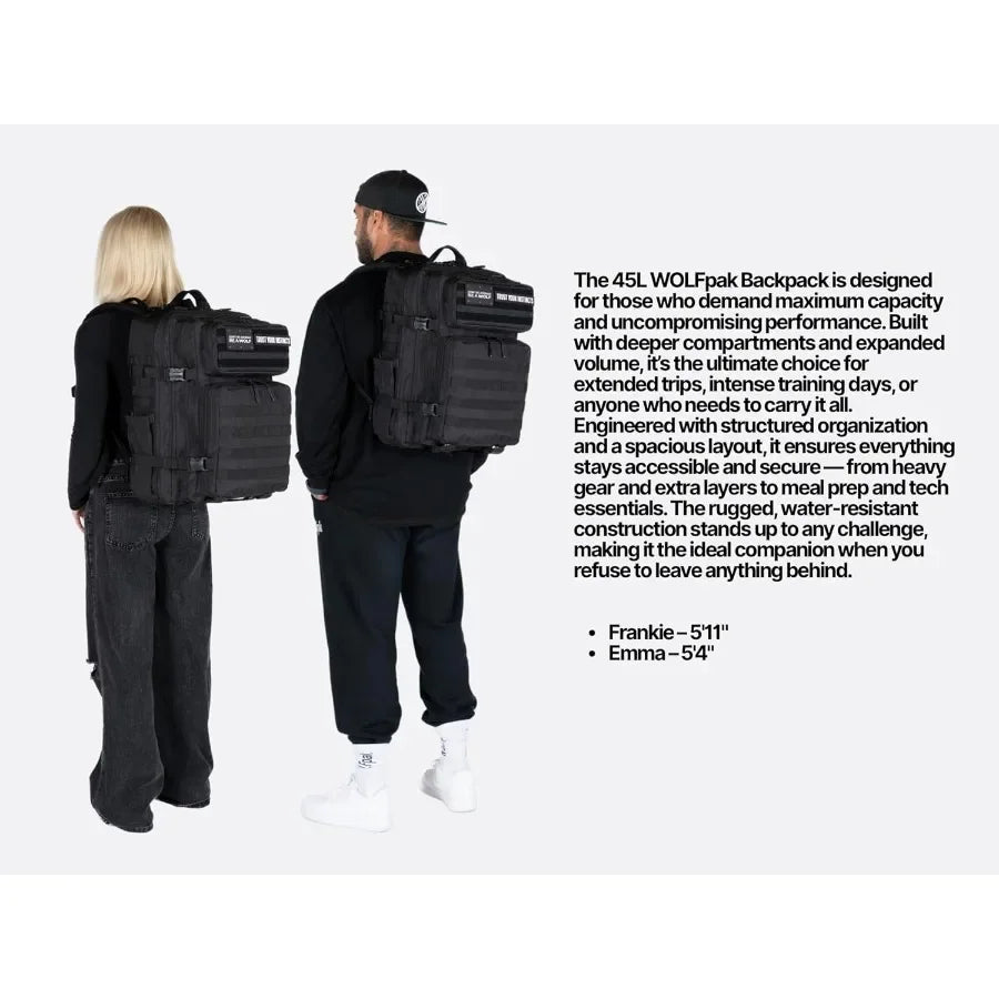 WOLFpak 45L Athletic Gym Backpack - Durable 1000D Waterproof Oxford Material with MOLLE Webbing Laptop Pocket and Dual Cup Hold