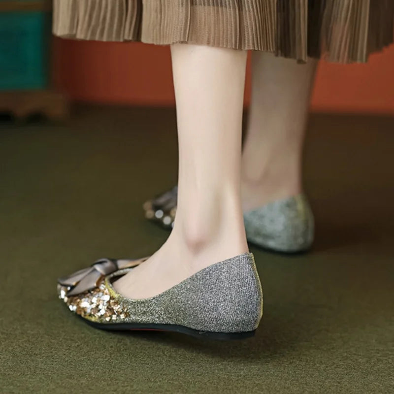 Women Single Shoes Pointed Toe Female Low Heel Shoes Bow Crystal Decoration Women's Soft Soled Shallow Plus Size Women's Shoes
