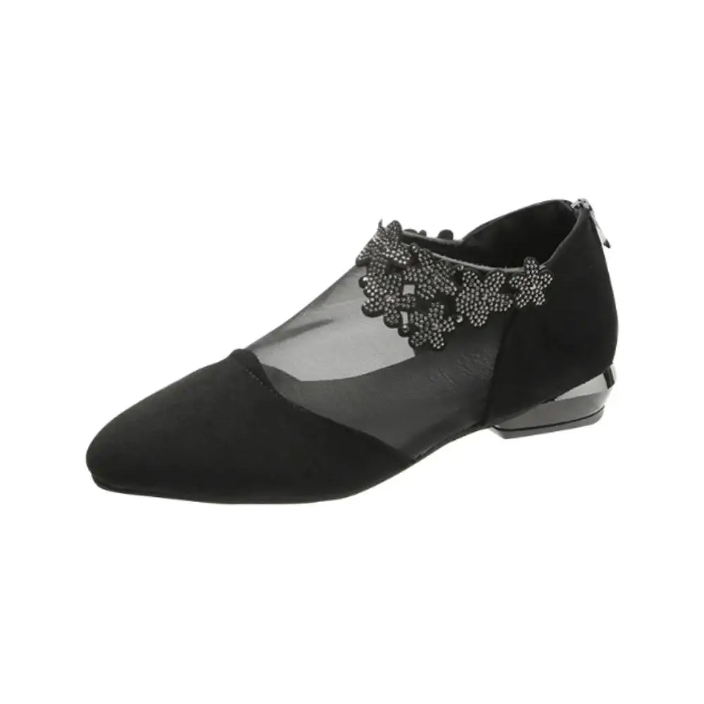 New Water Design Pointed Shoes Single Shoes Bright Drill Mesh Boots Back Zip Crystal Floral Floral Sandals Ladies Shoes