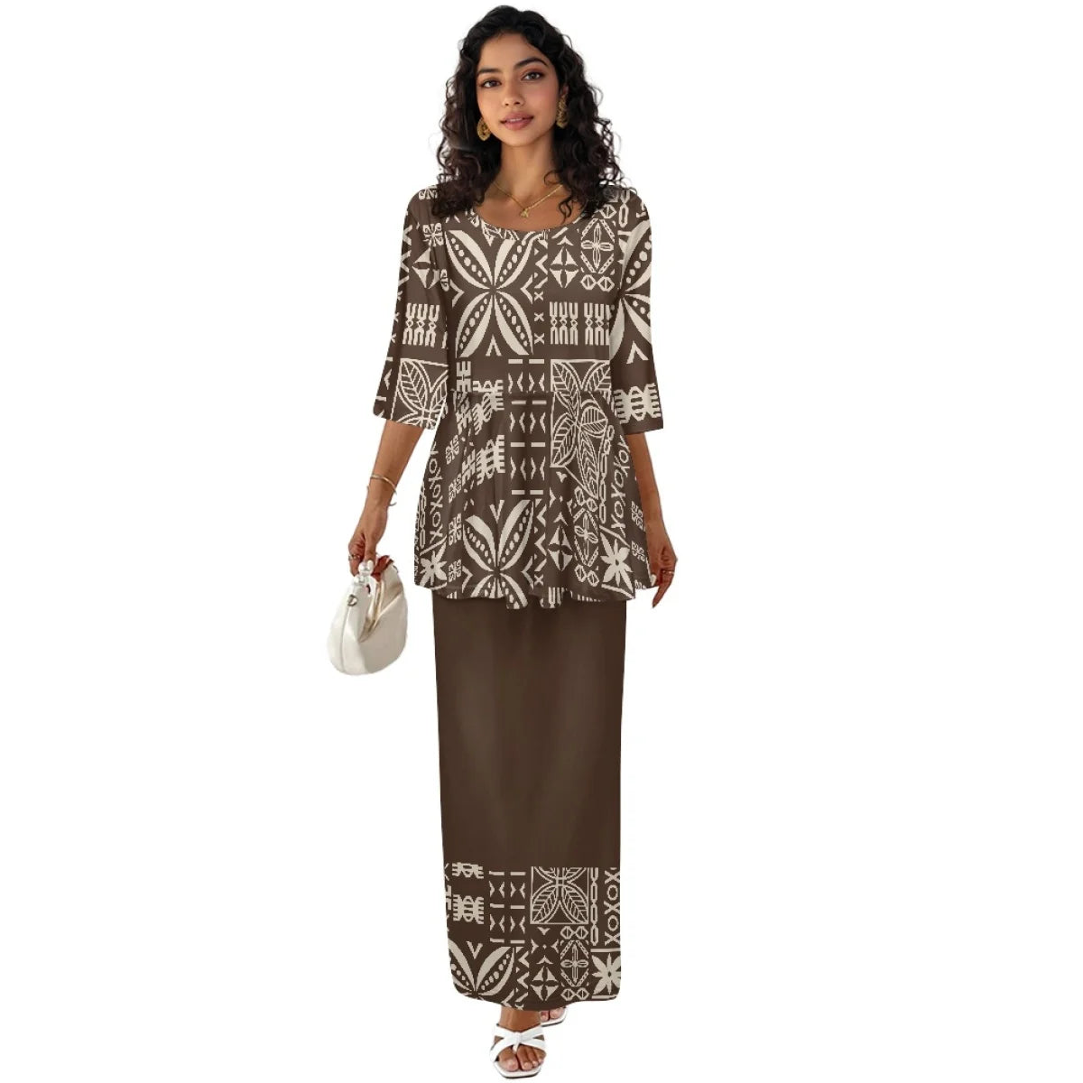Printed Polynesian Tribal Print crew neck Samoan Puletasi Custom Top And Skirts Womens Two Piece Outfits Set Dress