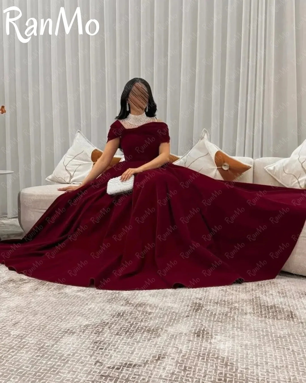 Ranmo 2025 Elegant Velvet Off Shoulder A-line Evening Dress Beading Short Sleeves Customized Dubai Mermaid Occasion Prom Dress