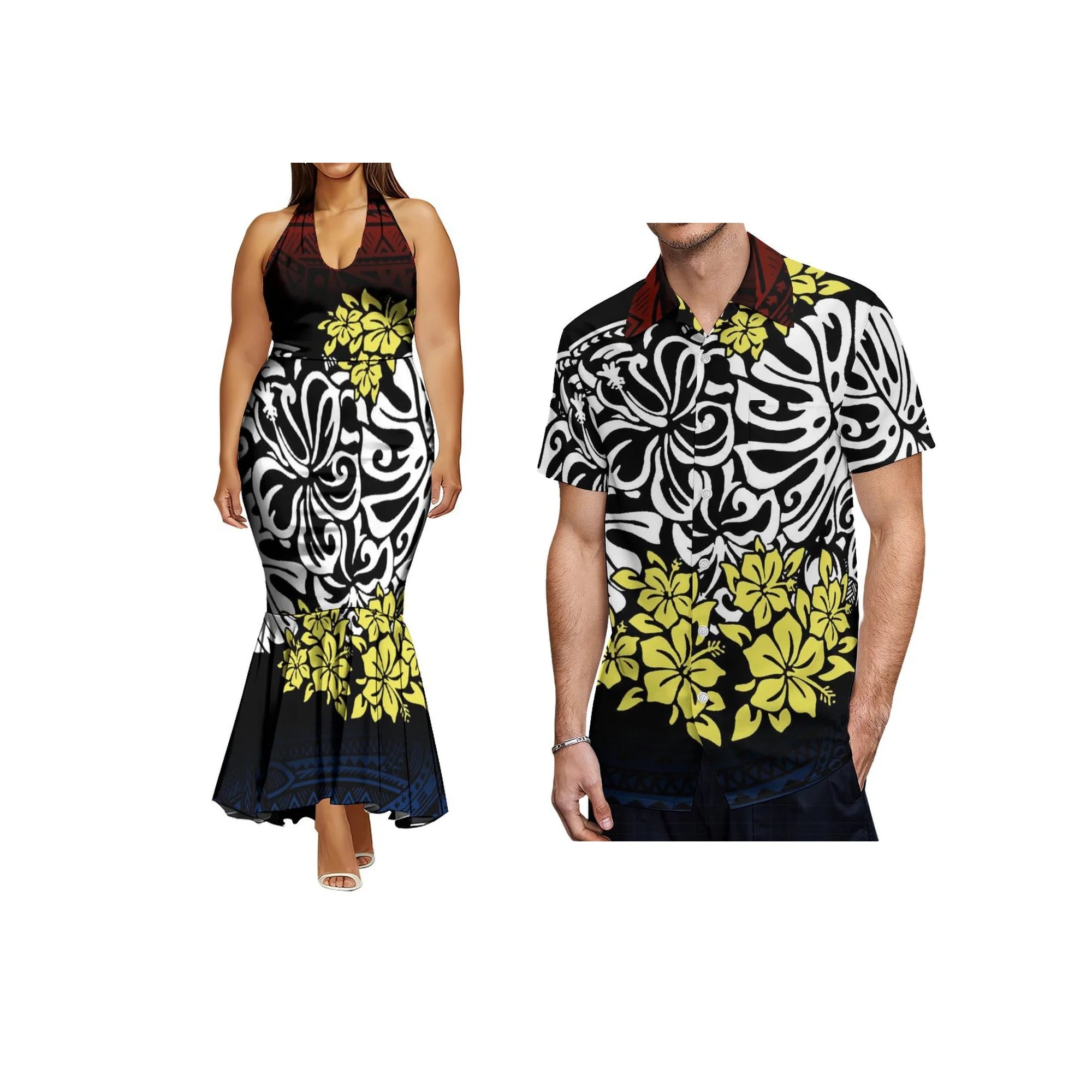 Print on Demand Ladies Sleeveless Fishtail Dress Hawaiian Polynesian Tribal Side Zipper Fishtail Halter Dress Custom Prom Dress