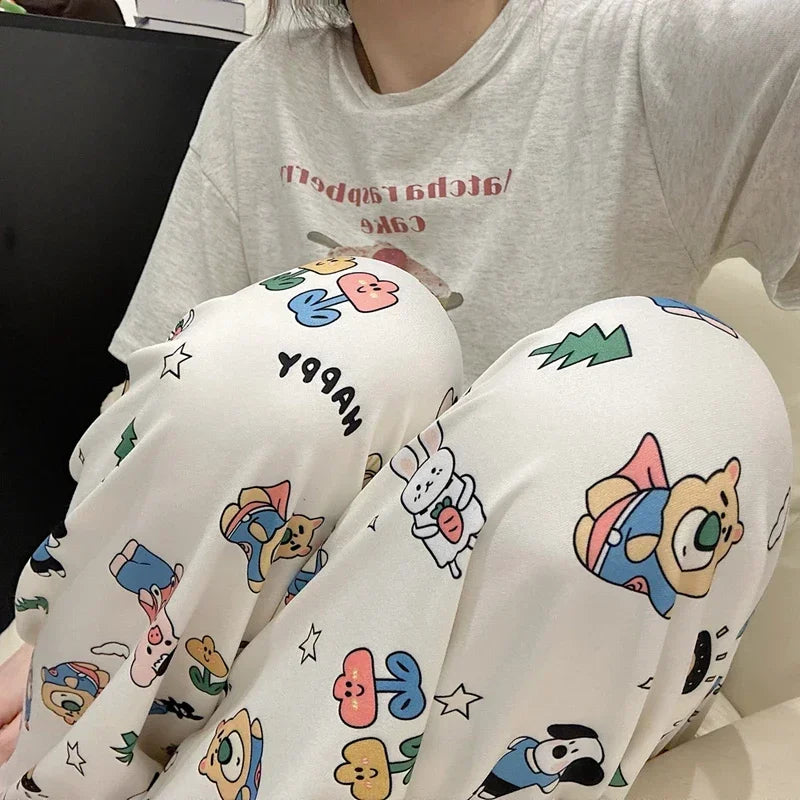 Pajama Pants Long Pants White Cartoon Rabbit Girl Casual Pants Student Home Pants Plus Size Black Female Fashion Sleeping Pants