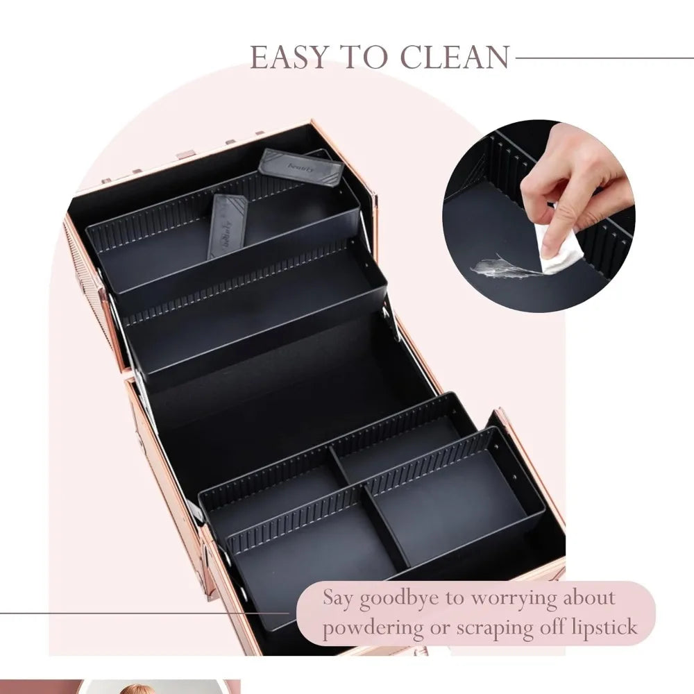 Portable Lockable Makeup Train Case with Dividers, Rose Gold Cosmetic Organizer for Travel & Storage