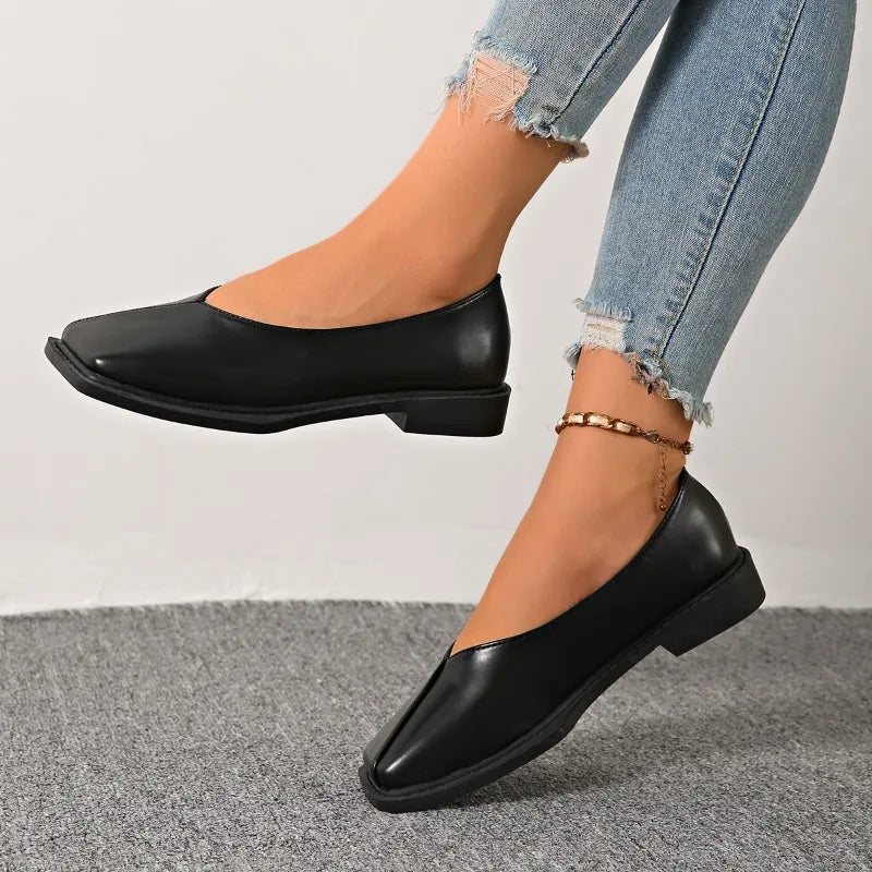 Slip-on Block Heel Single Shoes Fashion Square Toe Shallow Mouth Soft Sole Non-slip Block Heel Leather Shoes