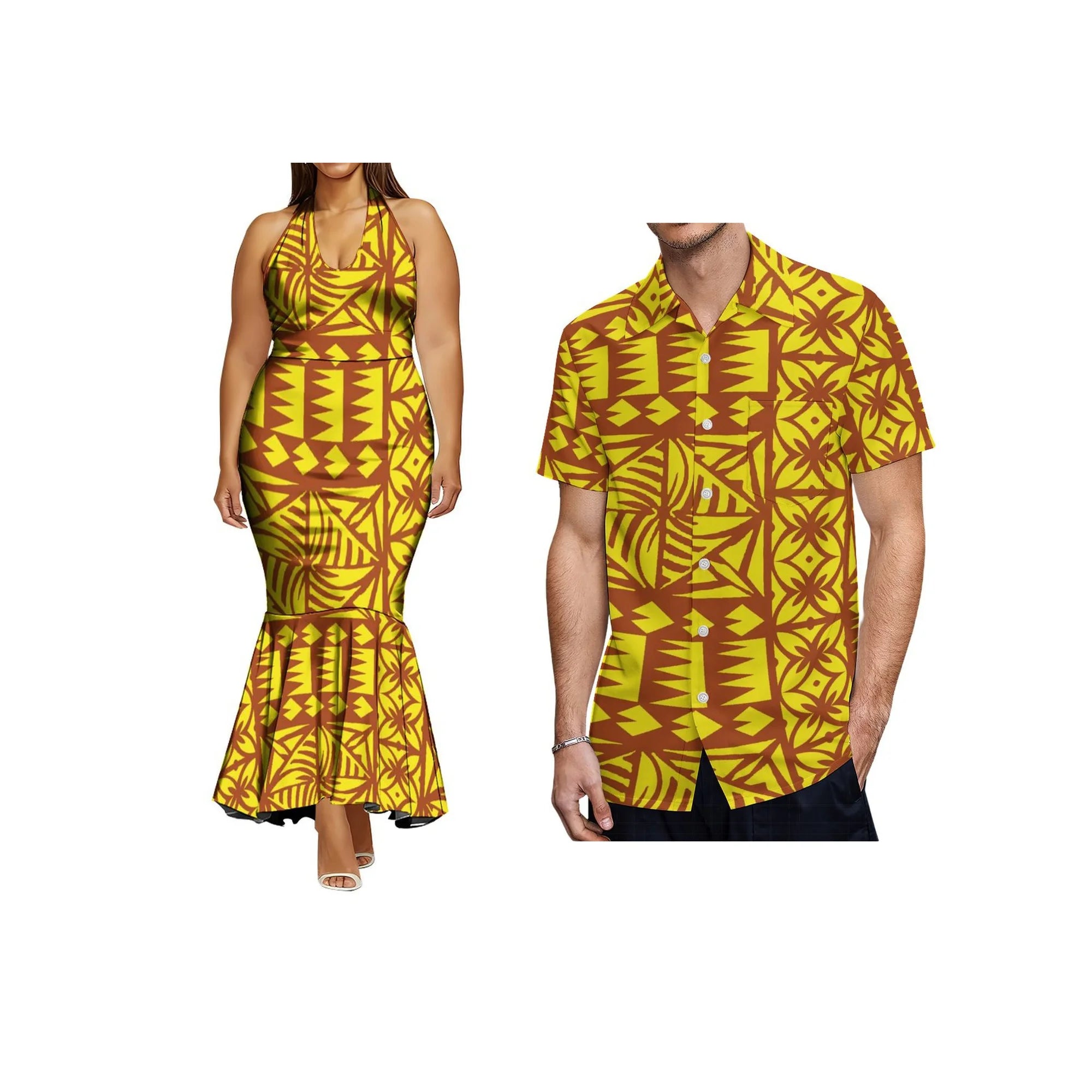 Print on Demand Ladies Sleeveless Fishtail Dress Hawaiian Polynesian Tribal Side Zipper Fishtail Halter Dress Custom Prom Dress