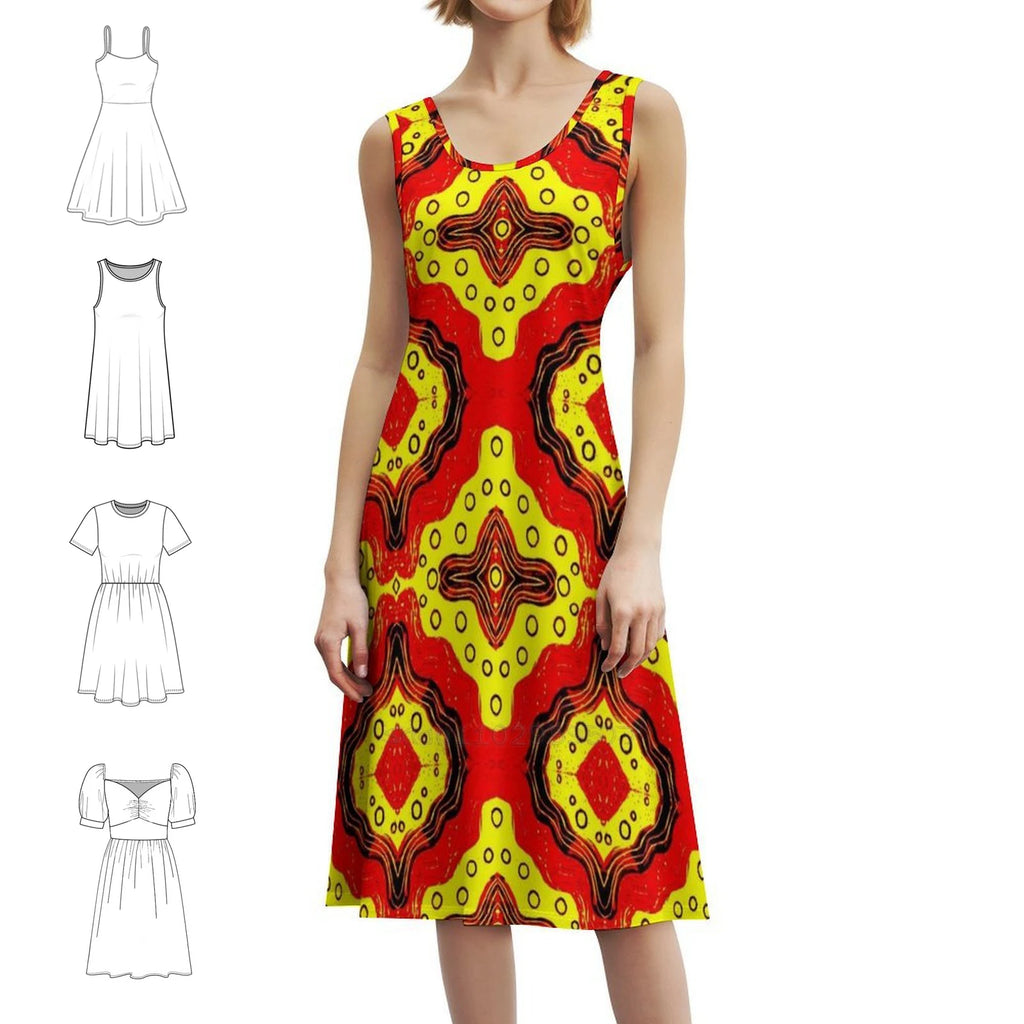 Pattern In Red And Yellow Women's Elegant Party Dress A-Line Dress With Short/Long/Sleeveless Options Pattern Red Yellow Red