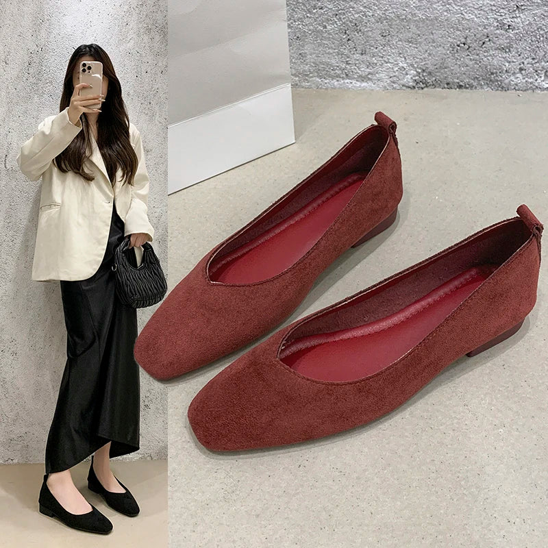 2025Low Heel Shoes Autumn New Square Toe Shallow Suede Slip-on Soft Sole Non-slip Wear-resistant Single Shoes